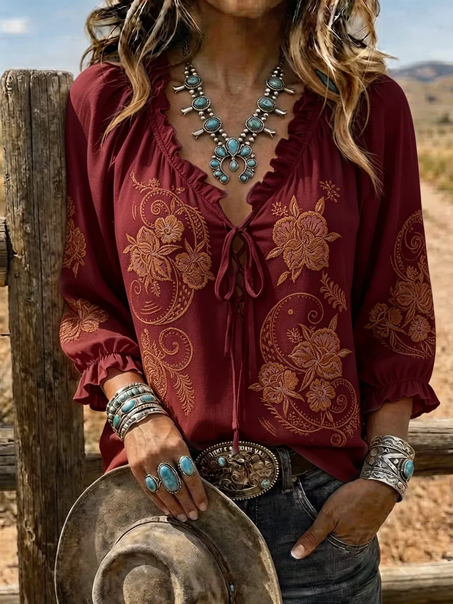 Women's Western Ombre Paisley Lace-Up Western Blouse