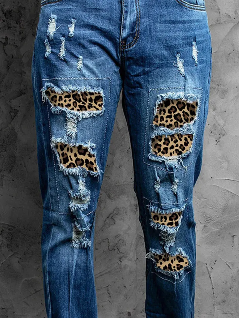 Casual leopard print patchwork jeans