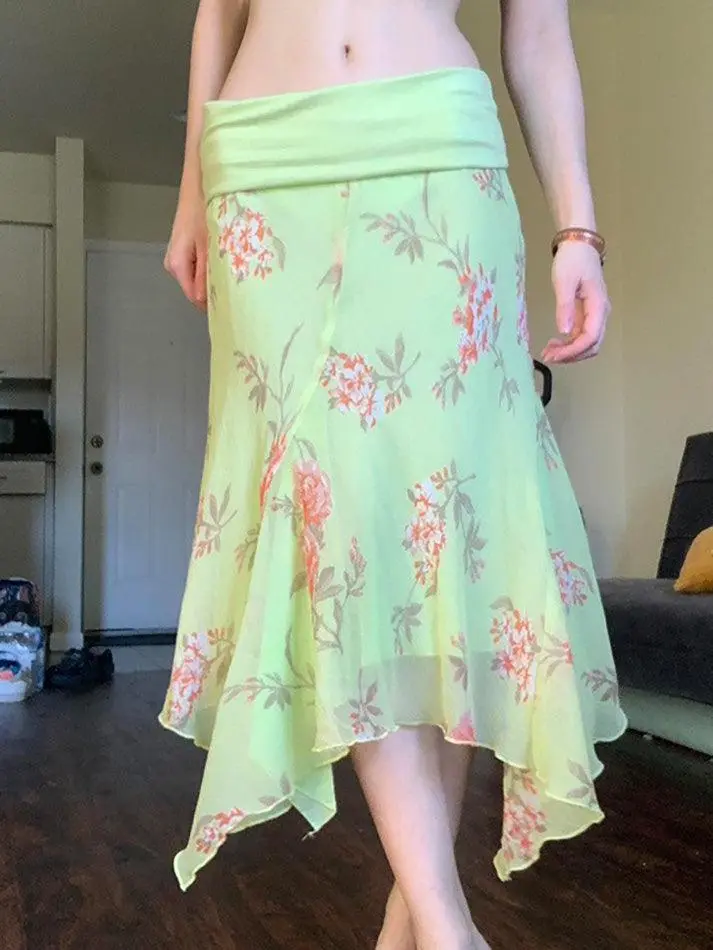 Foldover Floral Mesh Layered Midi Skirt