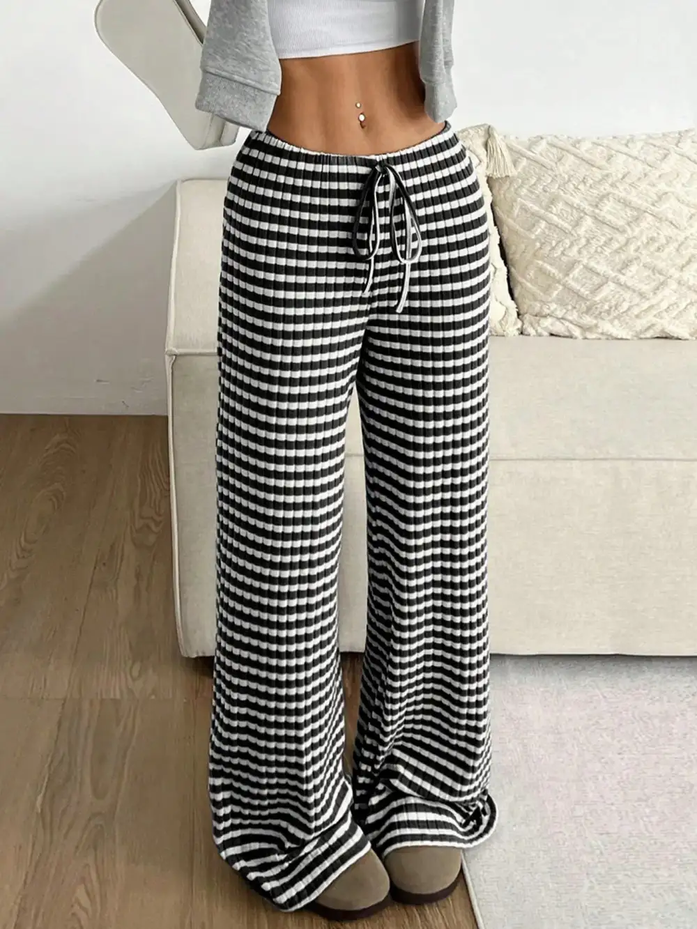 Relaxed Striped Wide Leg Drawstring Pants