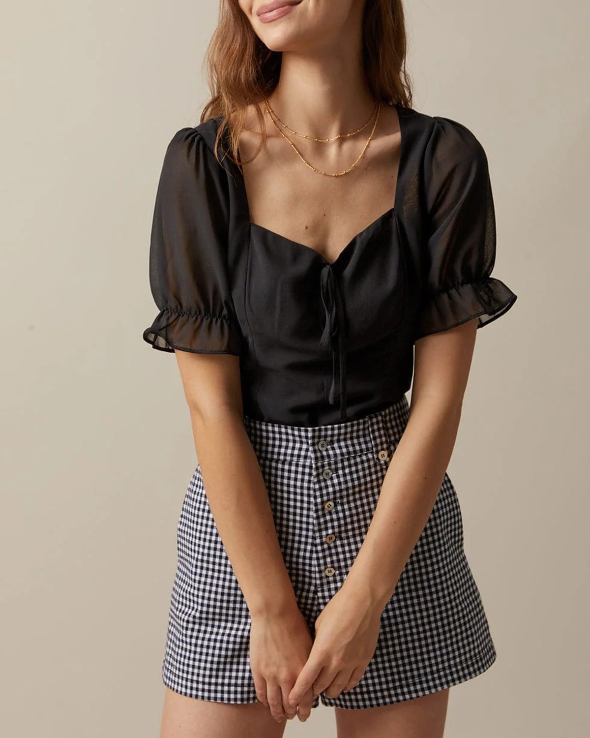 The Black Sweetheart Neck Puff Sleeve Sheer Blouse