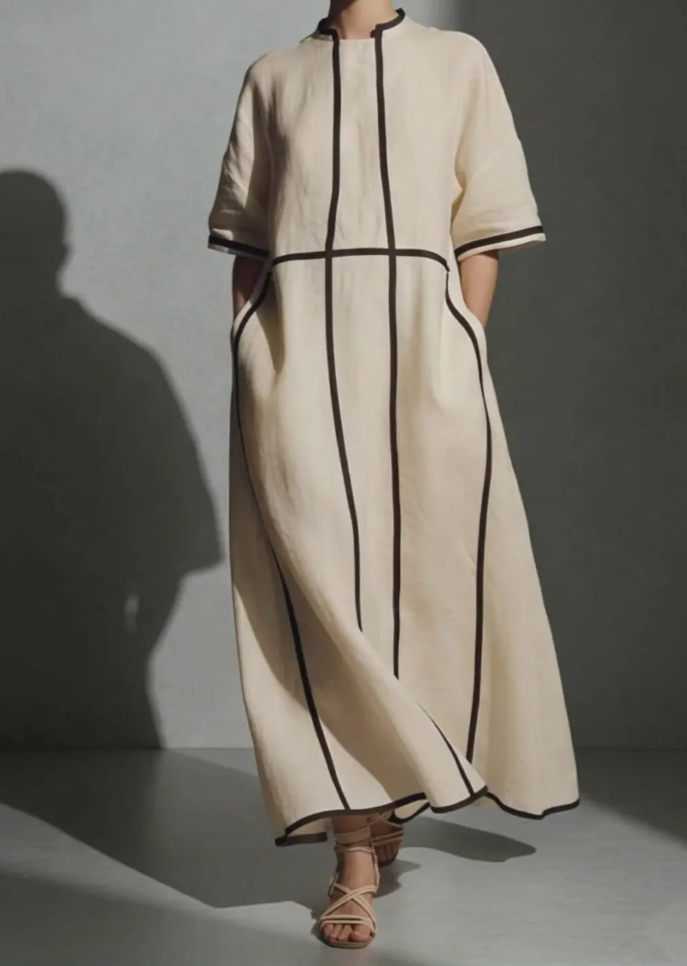 Minimalist Linen Piping Midi Dress