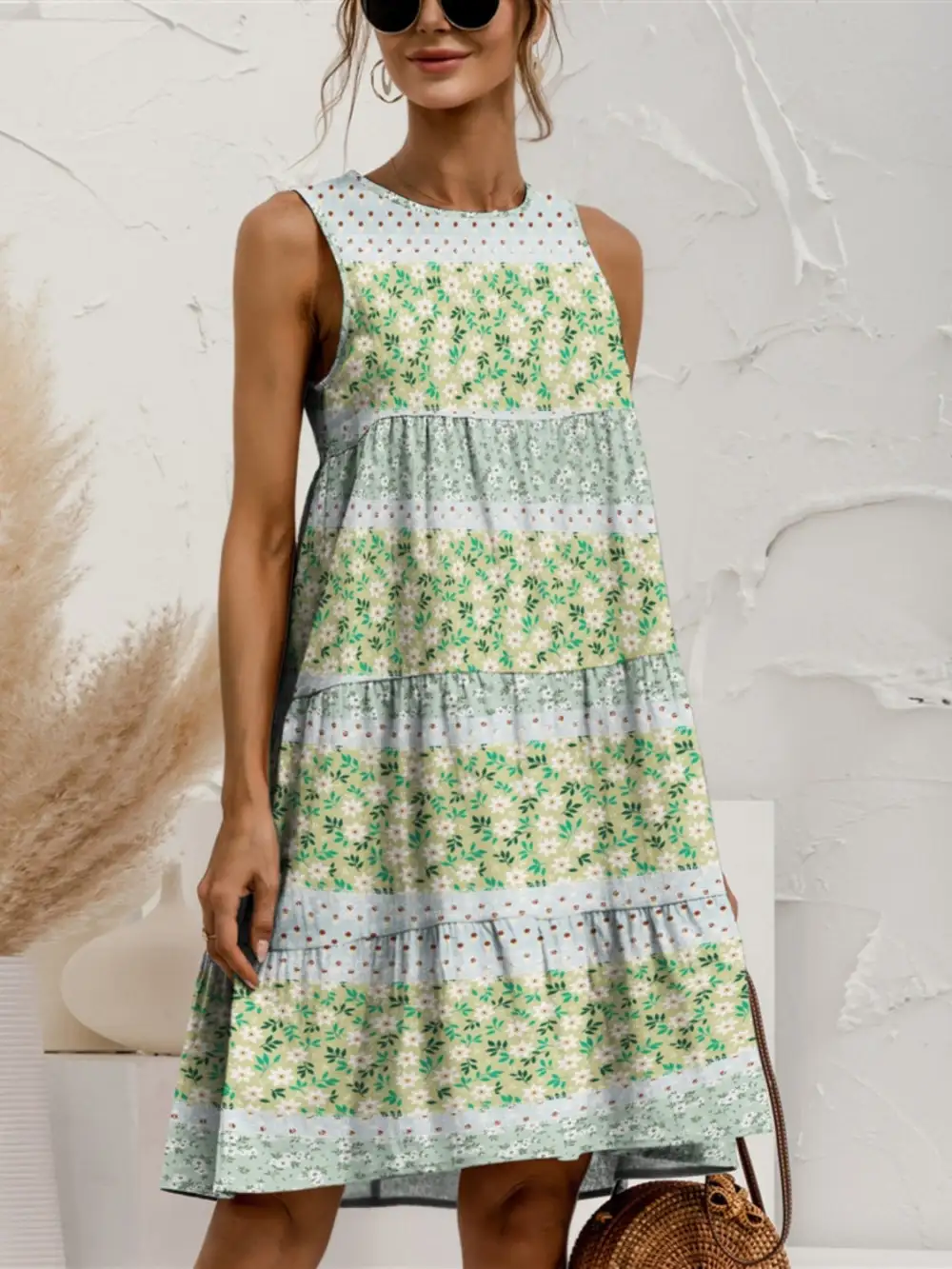 Tiered Printed Round Neck Sleeveless Boho Dress