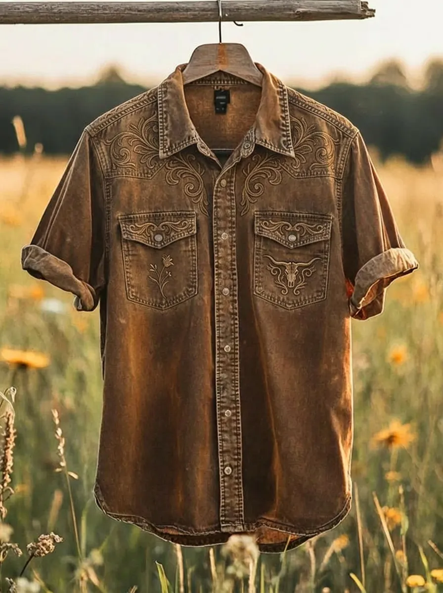 Men's Western Cowboy Bull Skull Floral Embroidered Printed Shirt