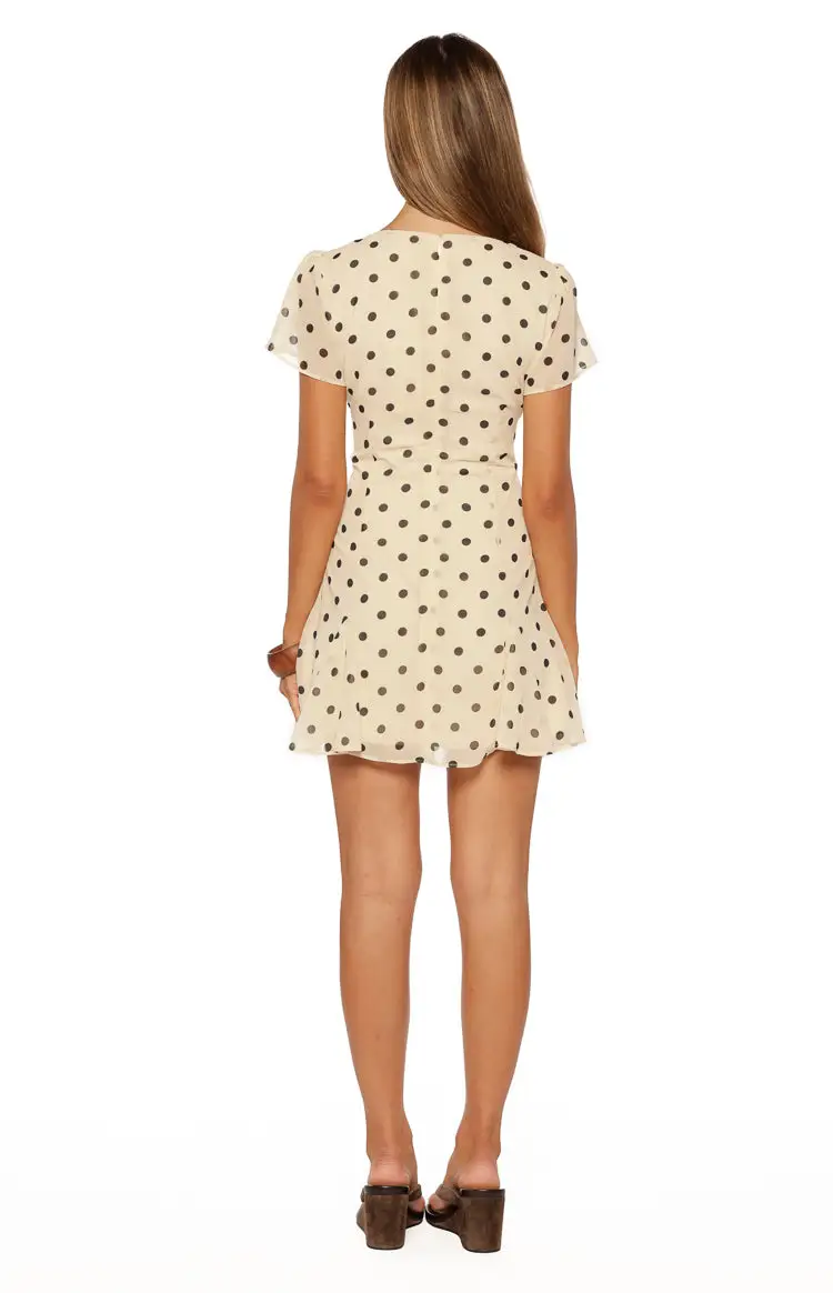 Polka Dot Chiffon V Neck Frills Mini Dress
