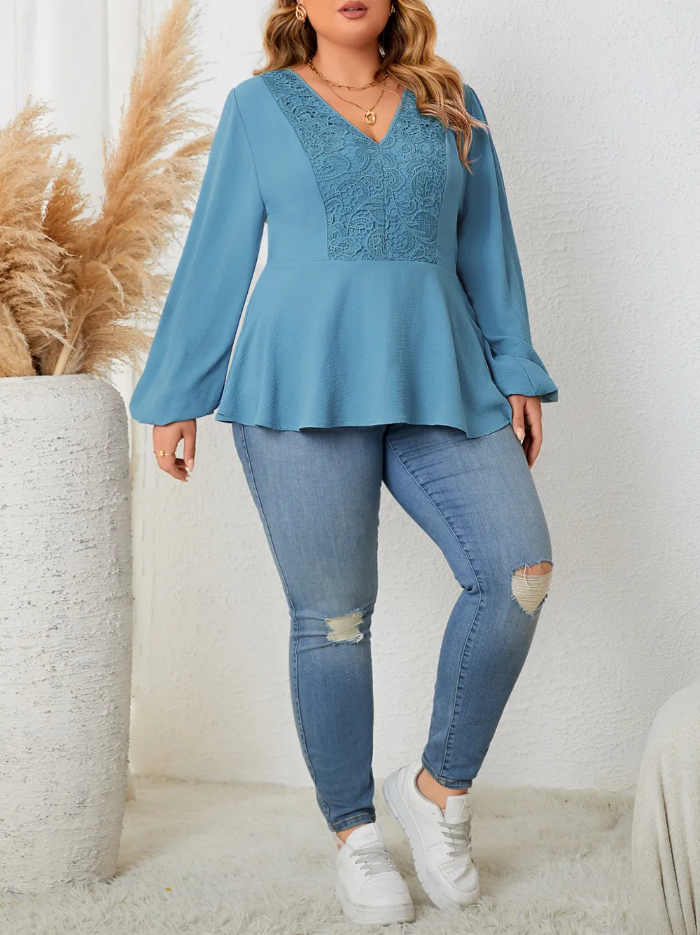 Women Long Sleeve V Neck Shirt Large Size Lace Shirt