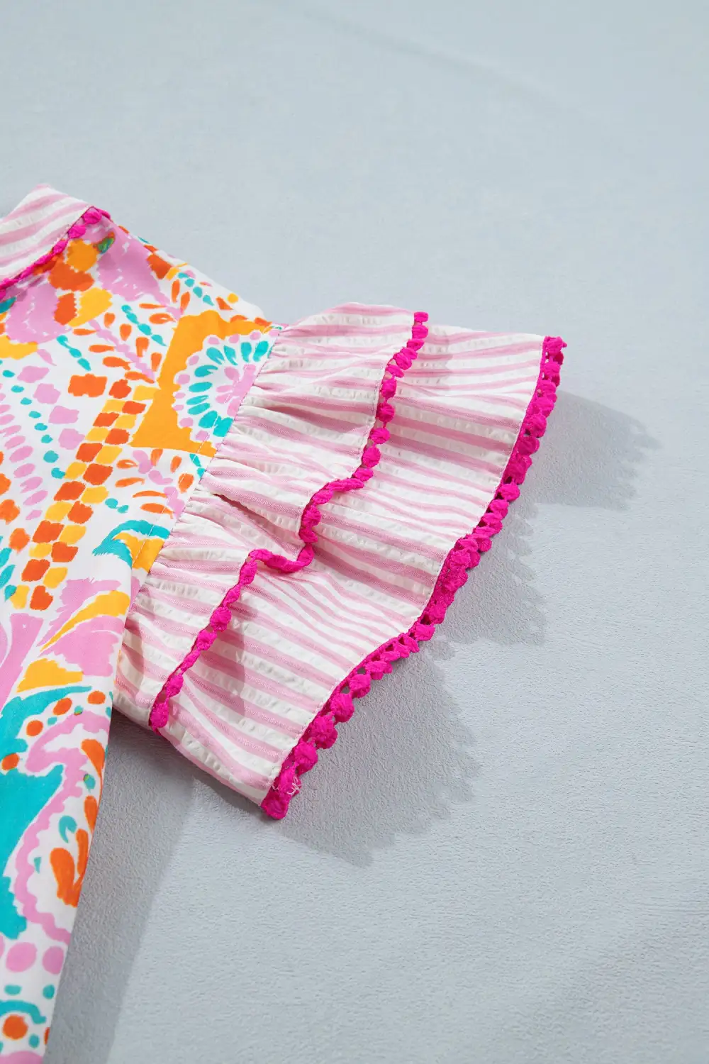 Rose Boho Mixed Print Contrast Trim Striped Patchwork Tiered Short Sleeve Blouse