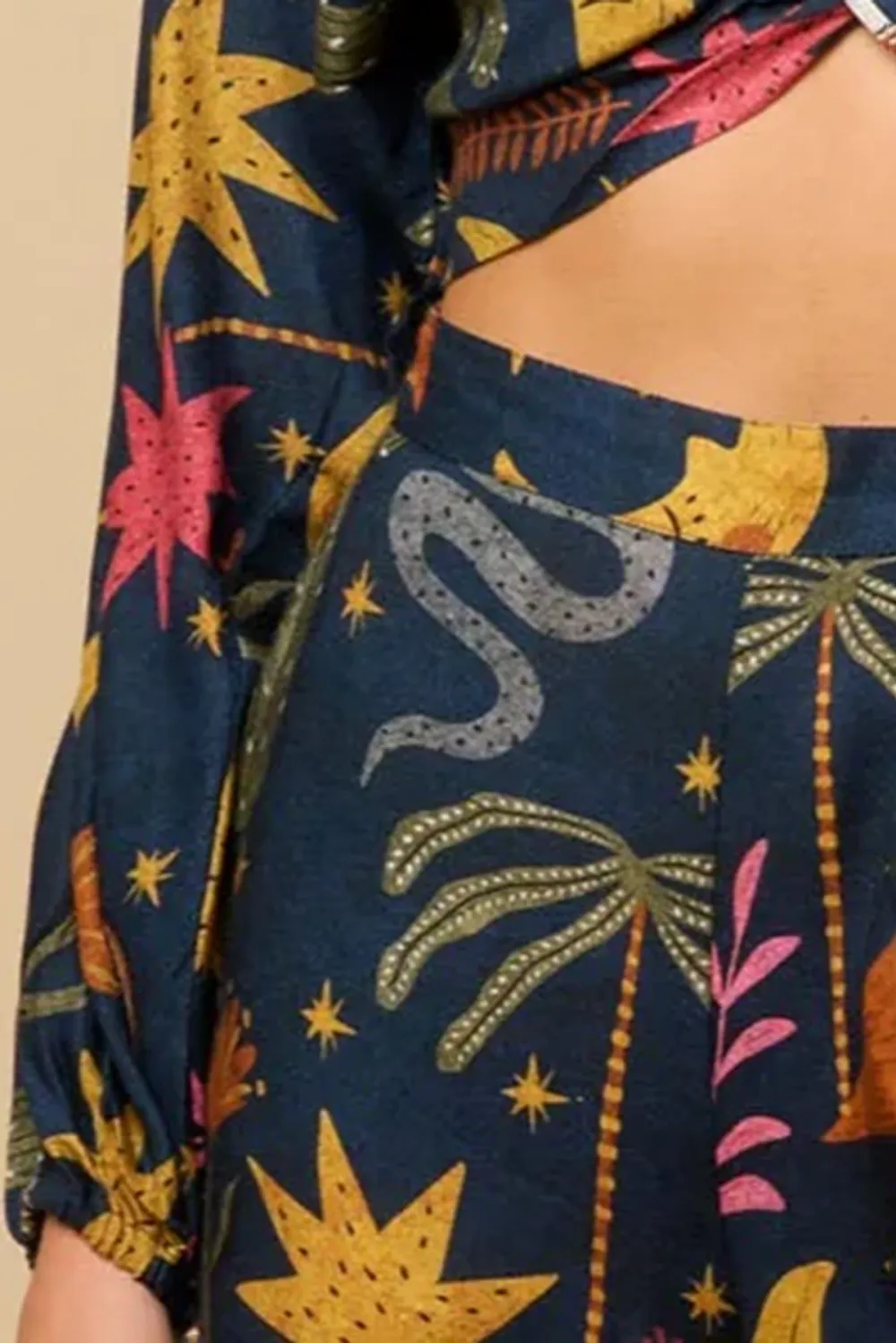 Navy And Multicolor Celestial Print Knot Front Crop Top