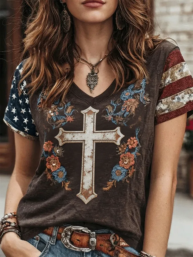Western Cross Floral Embroidered Sequin Patchwork V-Neck T-Shirt