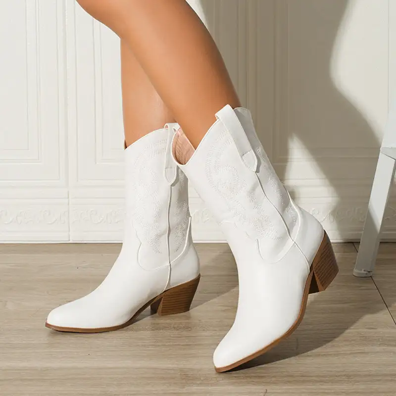Mid-Calf Western Cowboy Boots Flower Embroidered