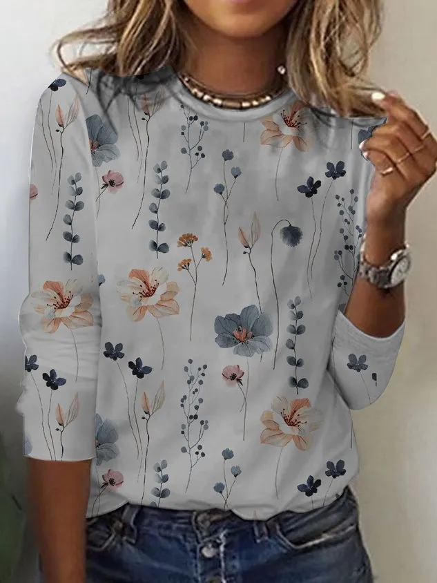 Floral Print Casual Crew neck Long Sleeve T-Shirt