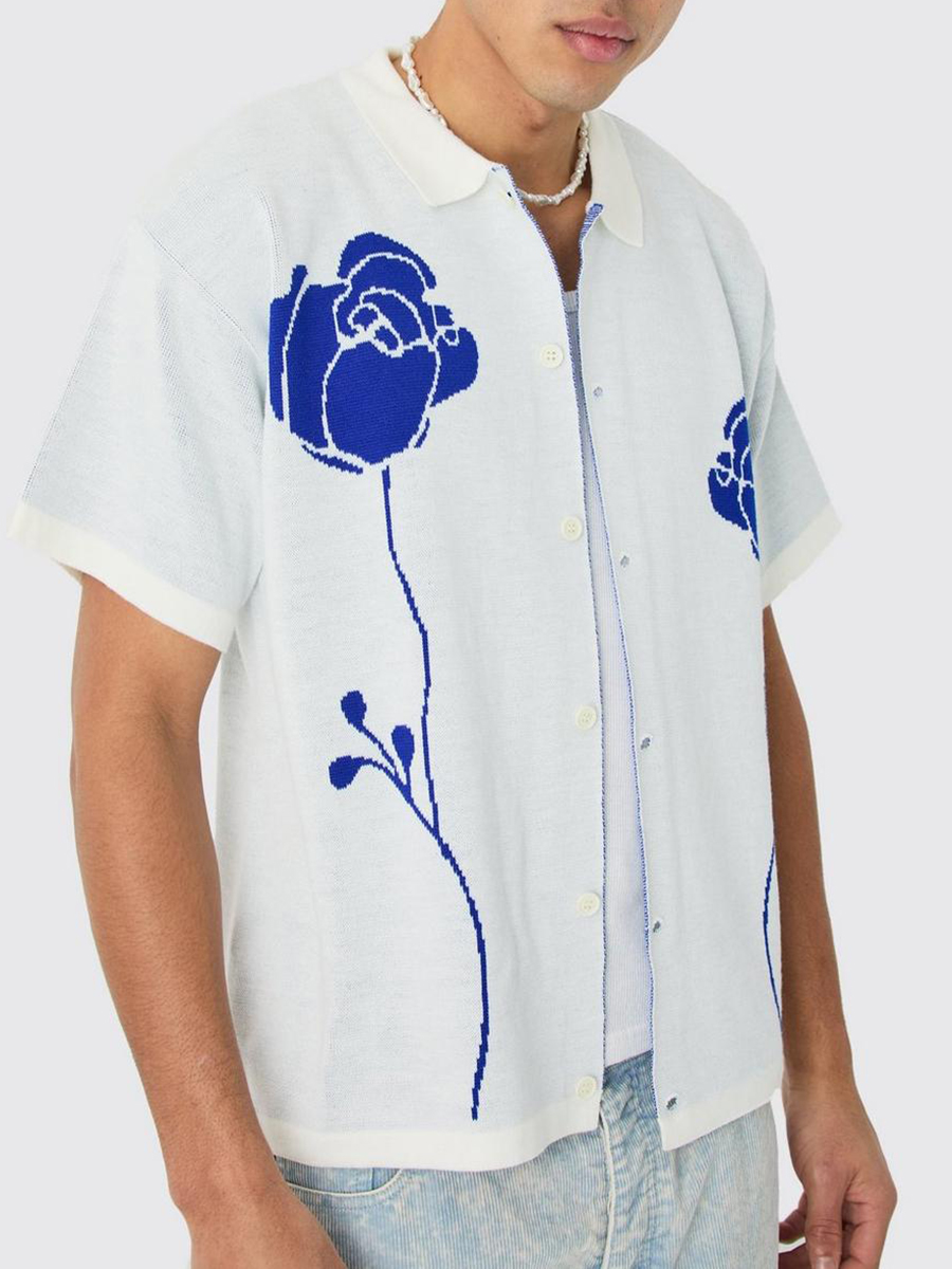 BOXY JACQUARD KNIT ROSE DETAIL SHIRT