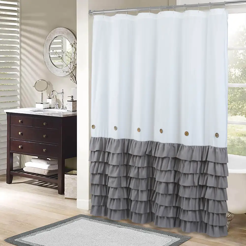 (Store Closing Sale) HIG Farmhouse Shower Curtain with PEVA Liner Bathroom Curtain with Buttons Decor, 72