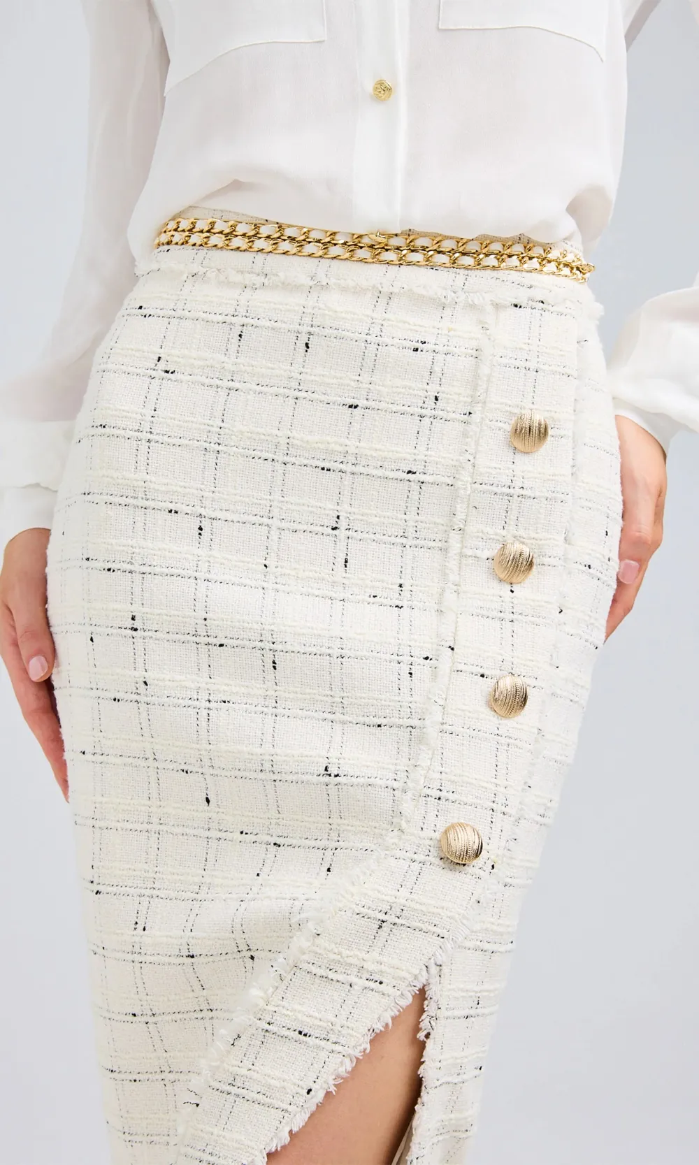 White Windowpane Tweed Skirt