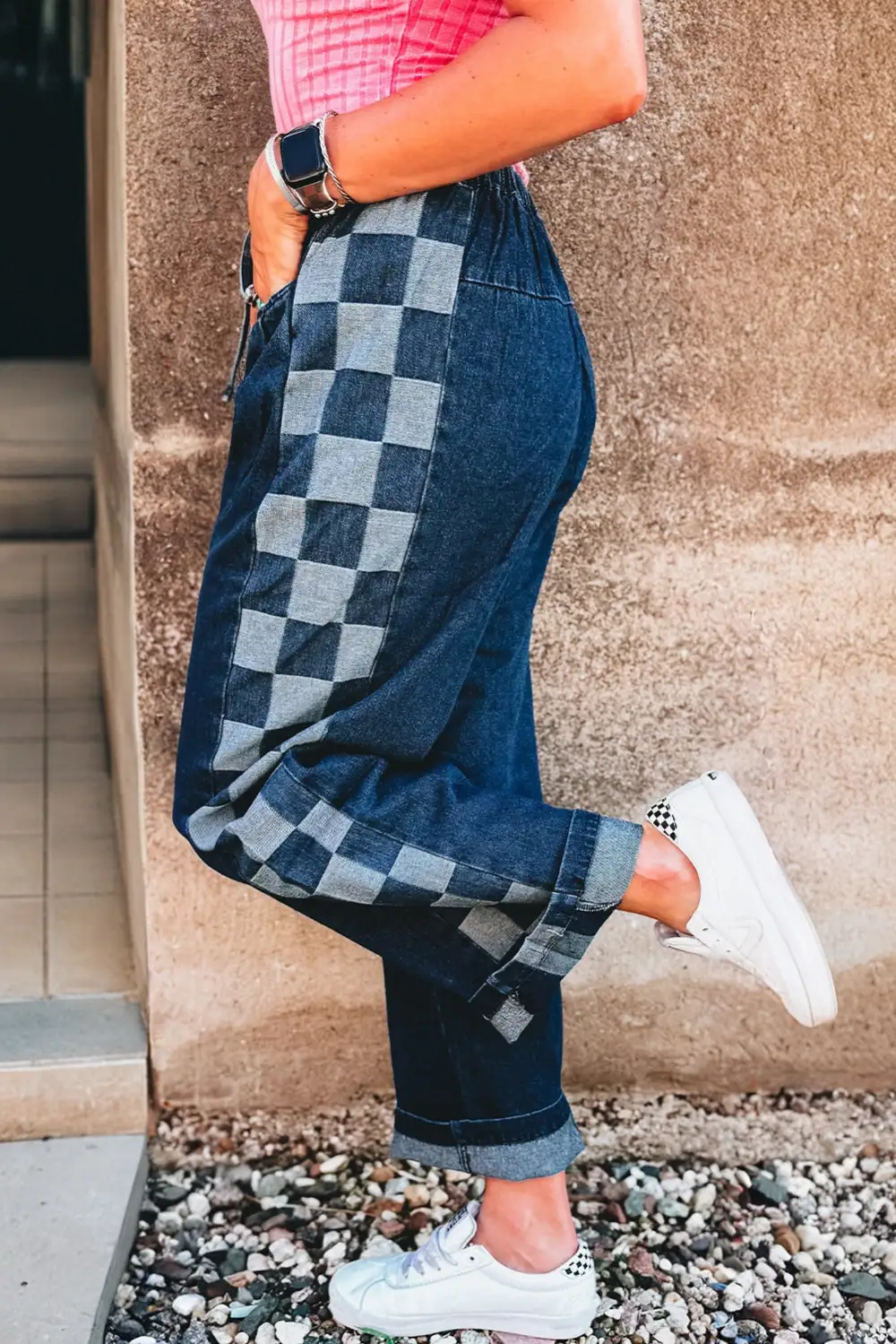 Loose Drawstring Checkered Side Panel Patchwork Jeans