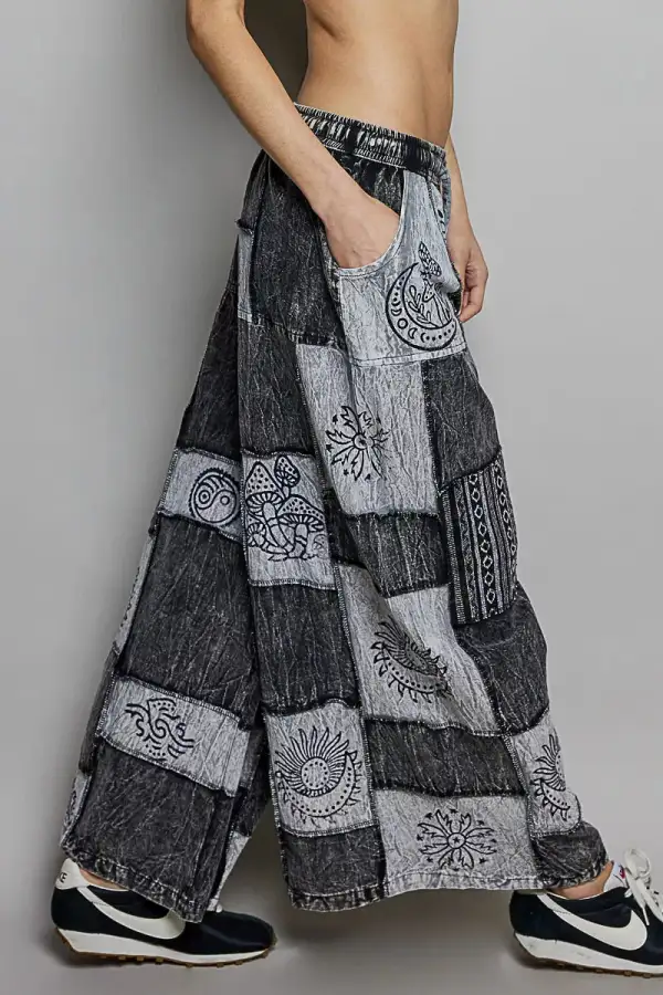 Drawstring Patchwork Wide Leg Pants