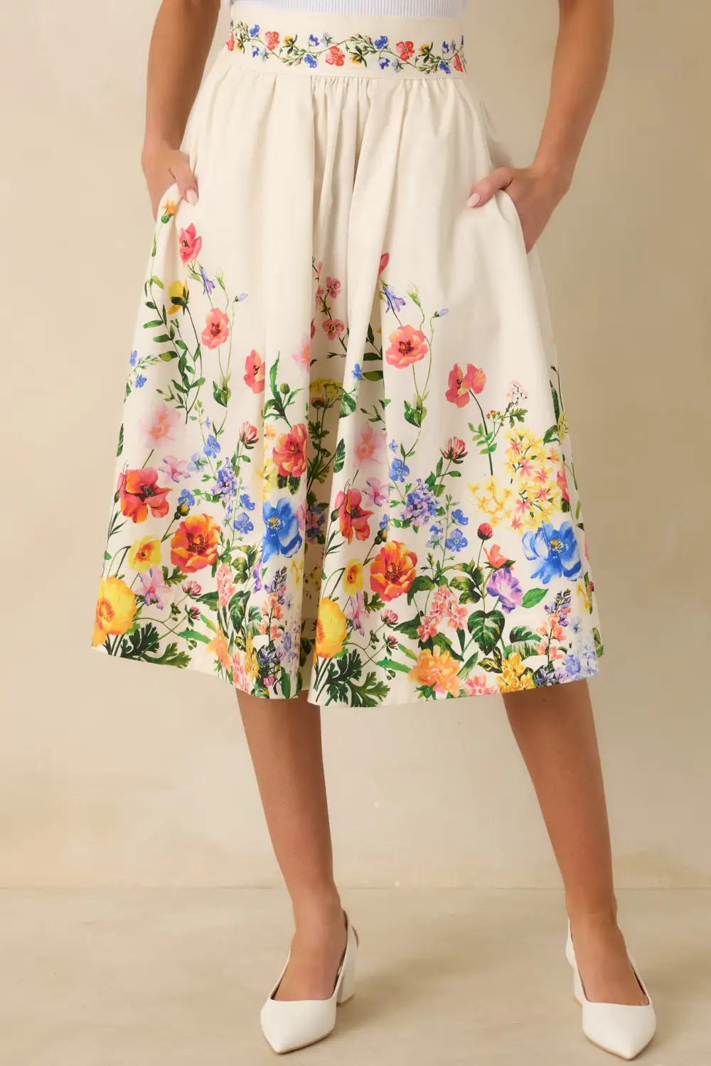 Beautiful Arrangement Multi Floral Cotton Midi Skirt