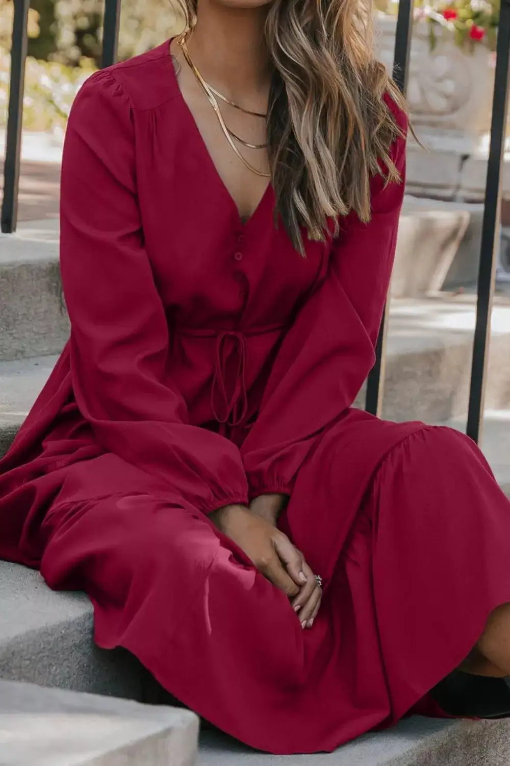 Animal Print Split Neck Puff Sleeve Maxi Dress