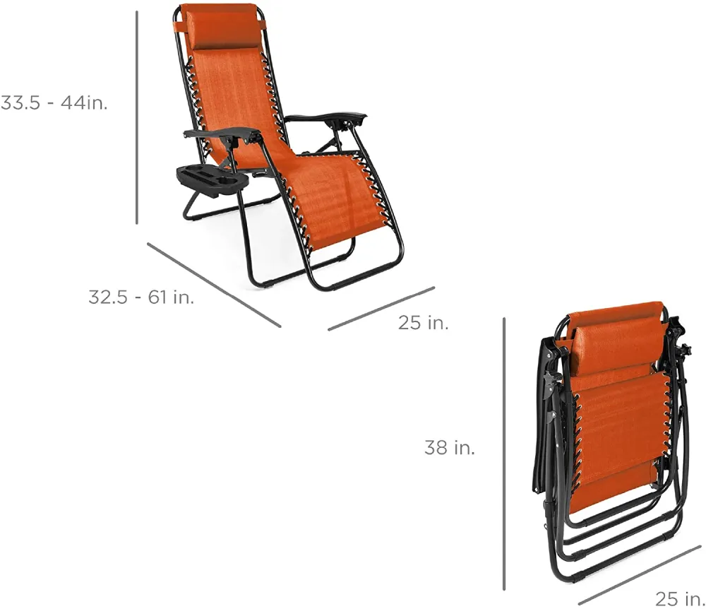 Set of 2 Adjustable Steel Mesh Zero Gravity Lounge Chair Recliners w/Pillows and Cup Holder Trays