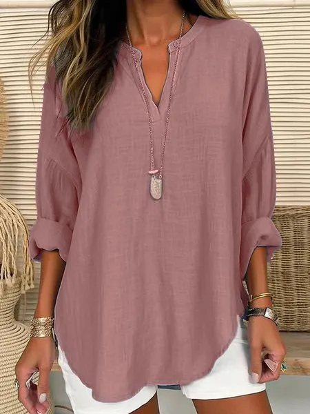 V Neck Long Sleeve Plain Regular Loose Shirt For Women 2023