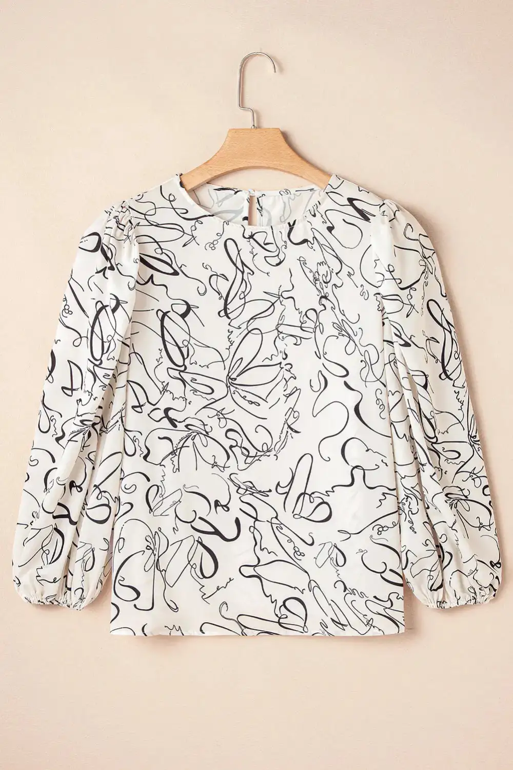 Abstract Print Crew Neck Puff Sleeve Blouse
