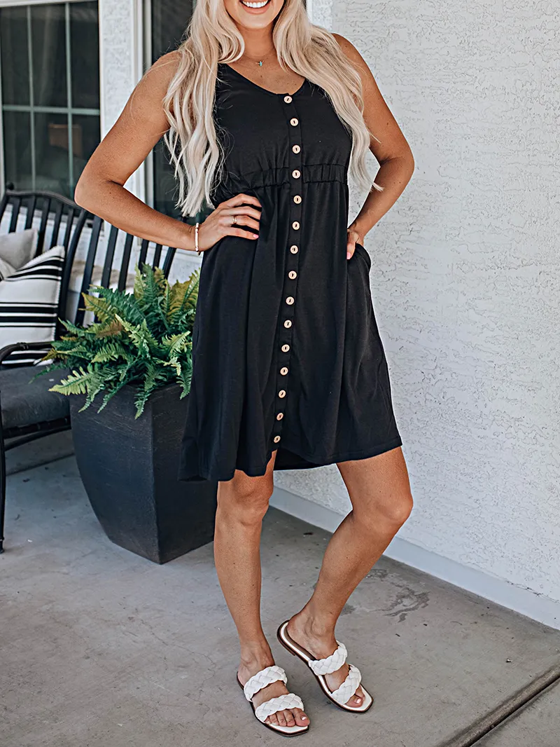Black Button Front Sleeveless Mini Dress