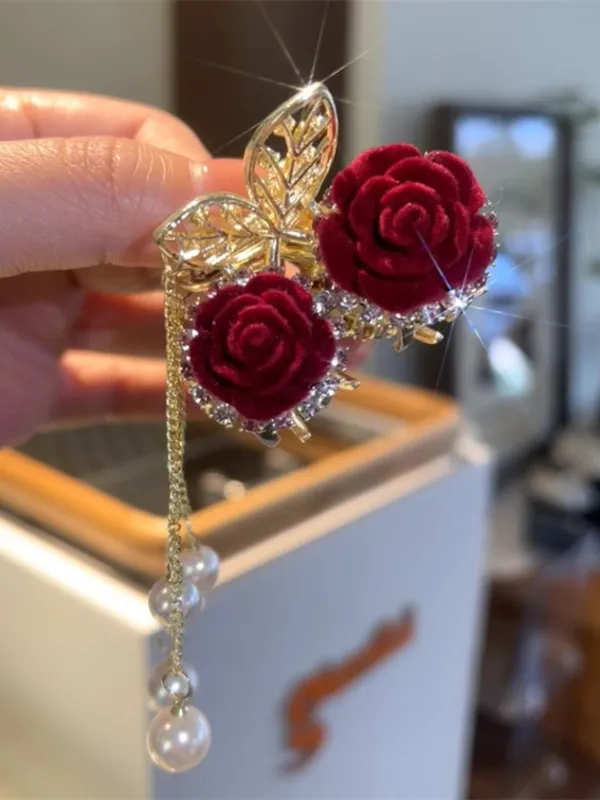 Women's Red Flocked Rose Grab Clips