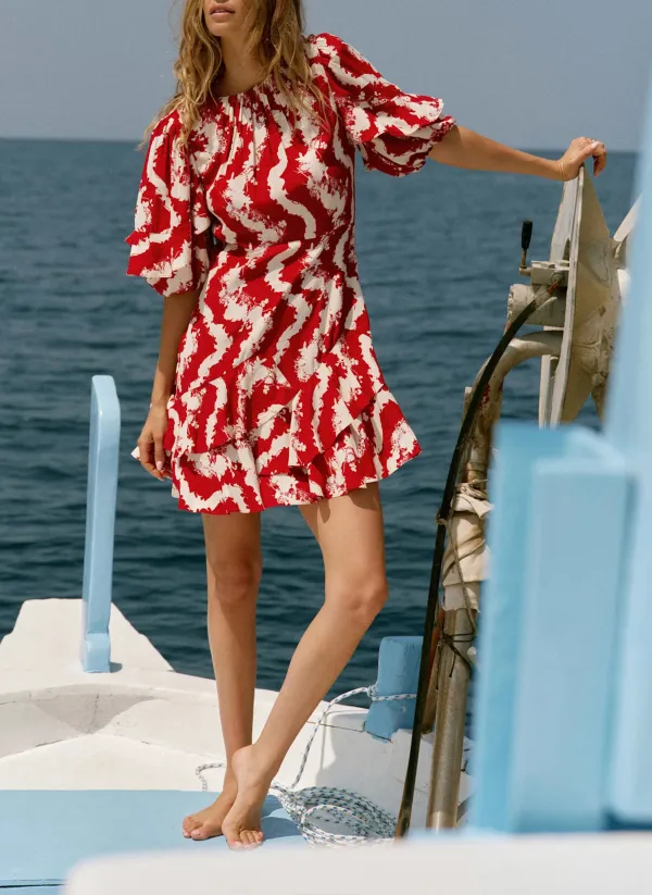 Casual Style Red Wavy Print Mini Dress