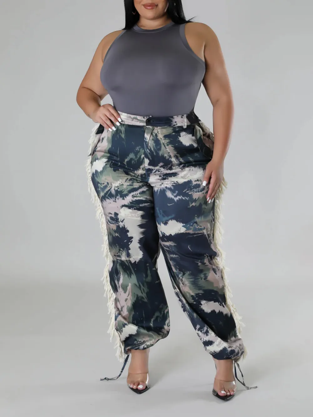 Plus-Size Fashion Women'S Camouflage Pattern Fringe Pants