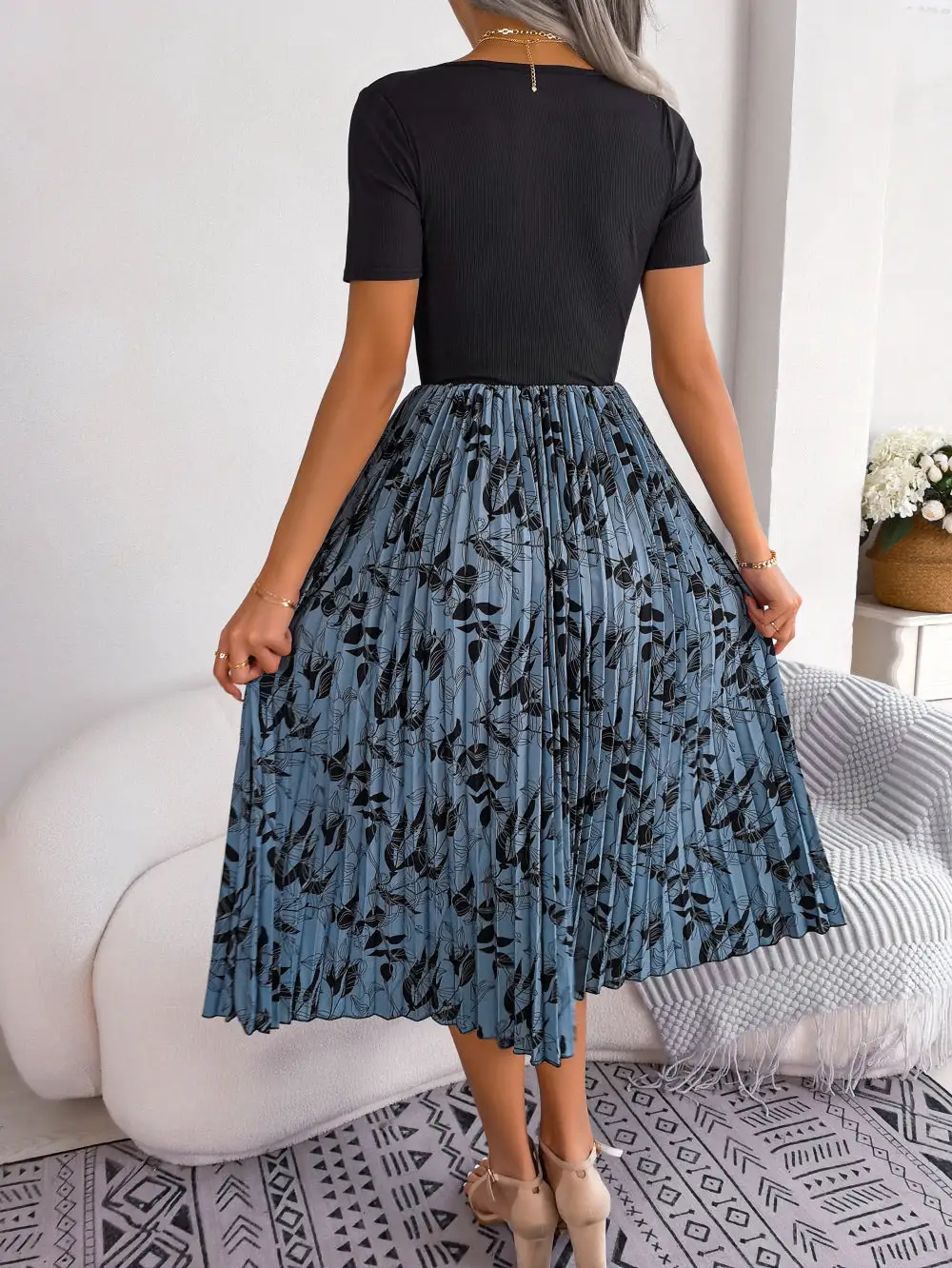 Pleated Round Neck Dress