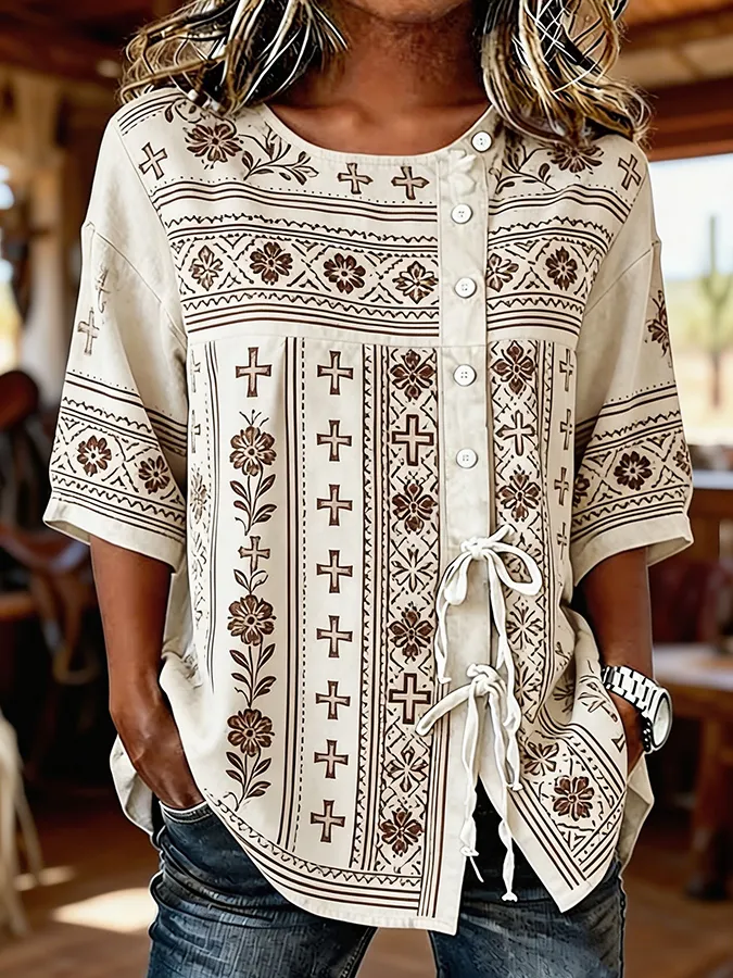 Women's Boho Cross Floral Print Western Tie Waist Button-Down Blouse