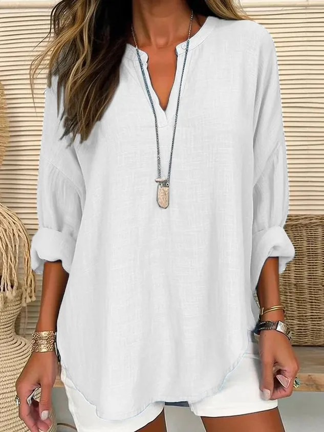 V Neck Long Sleeve Plain Regular Loose Shirt For Women 2023