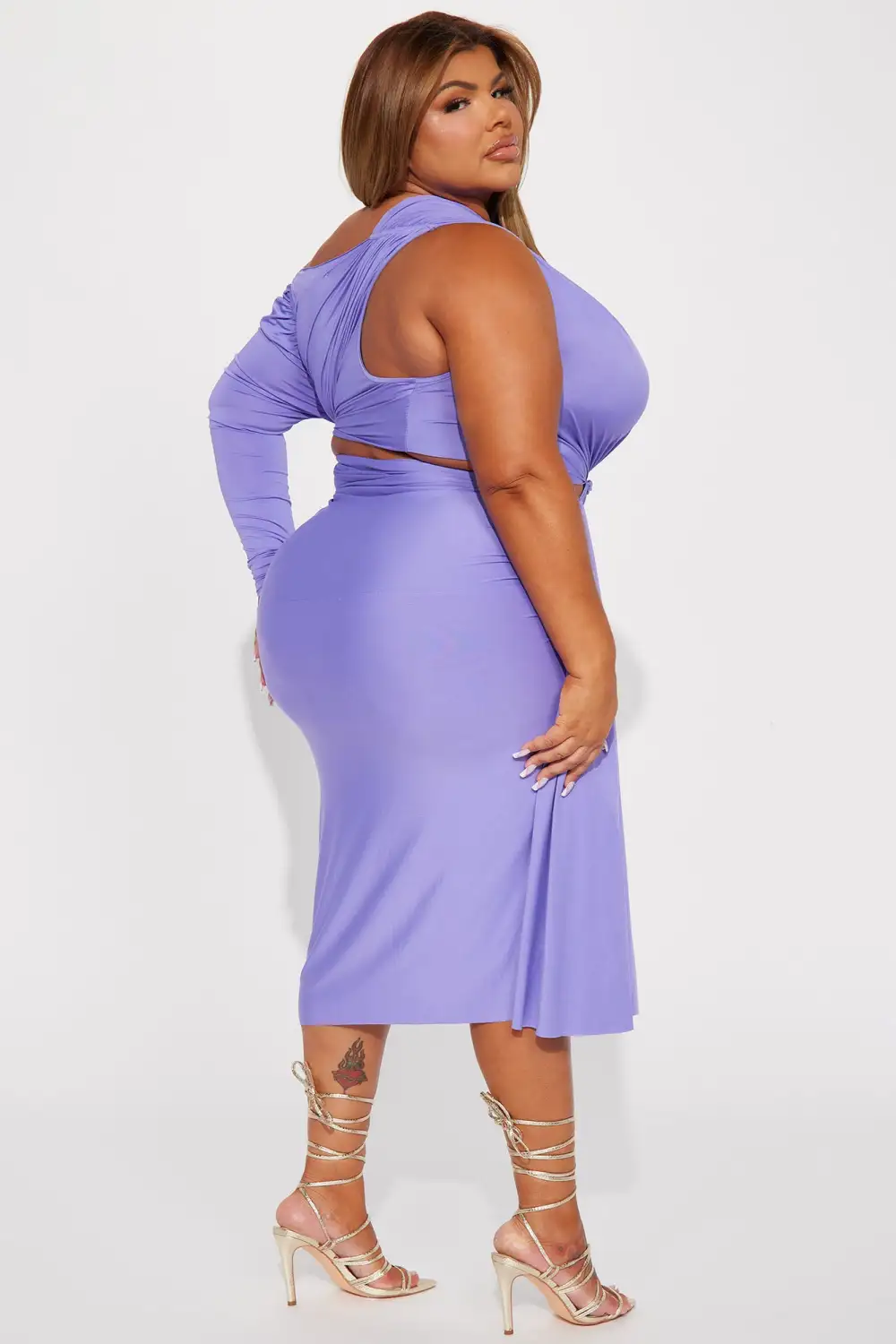 One Shoulder Ruched Midi Dress - Purple