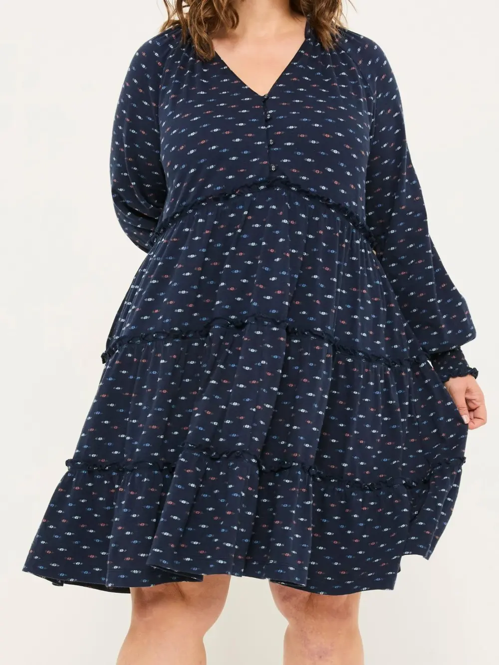 Pure Cotton Jersey Printed V-Neck Tiered Dress