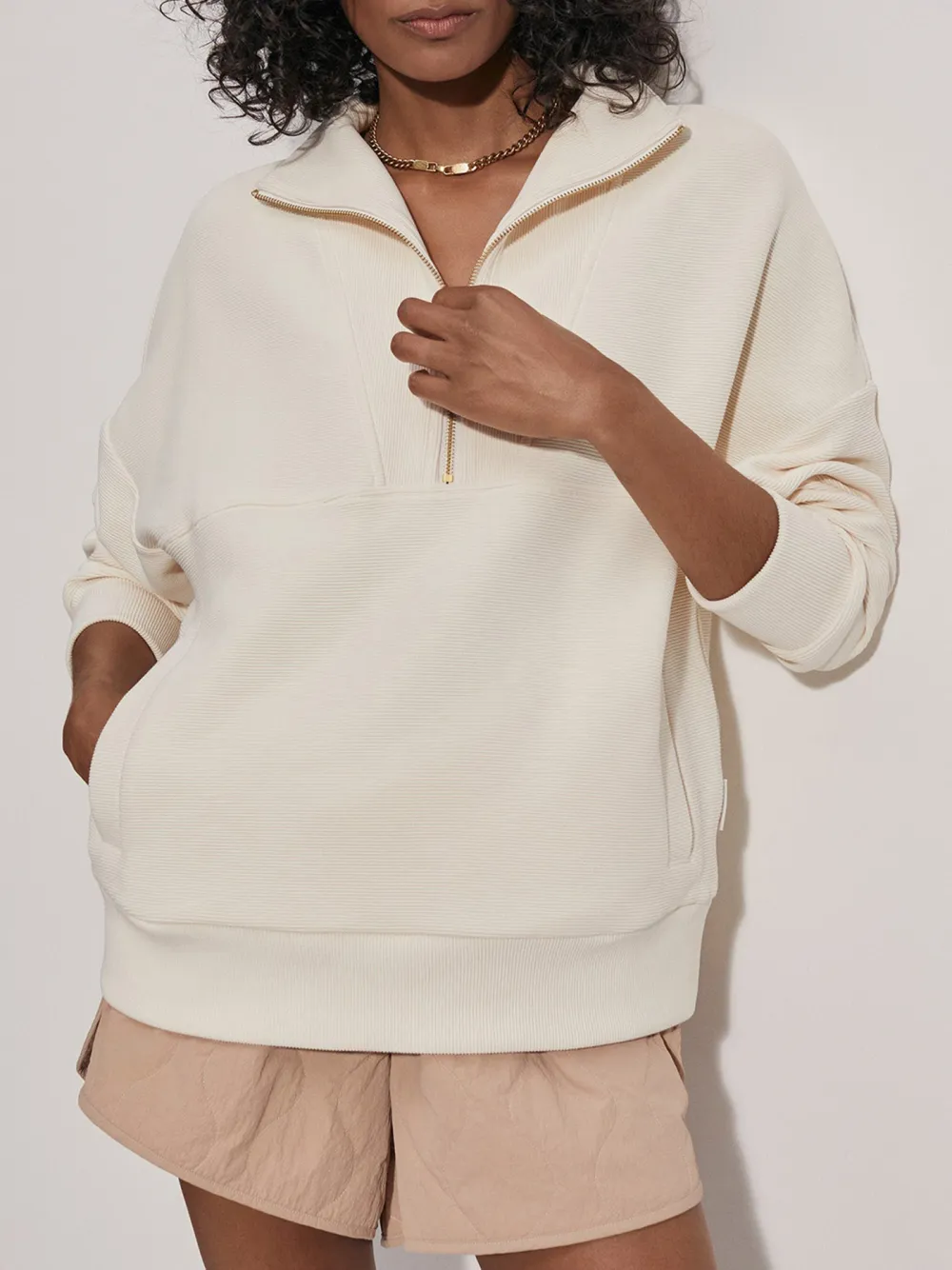 Stylish Quarter-Zip Long-Sleeve Waffle Sweatshirt