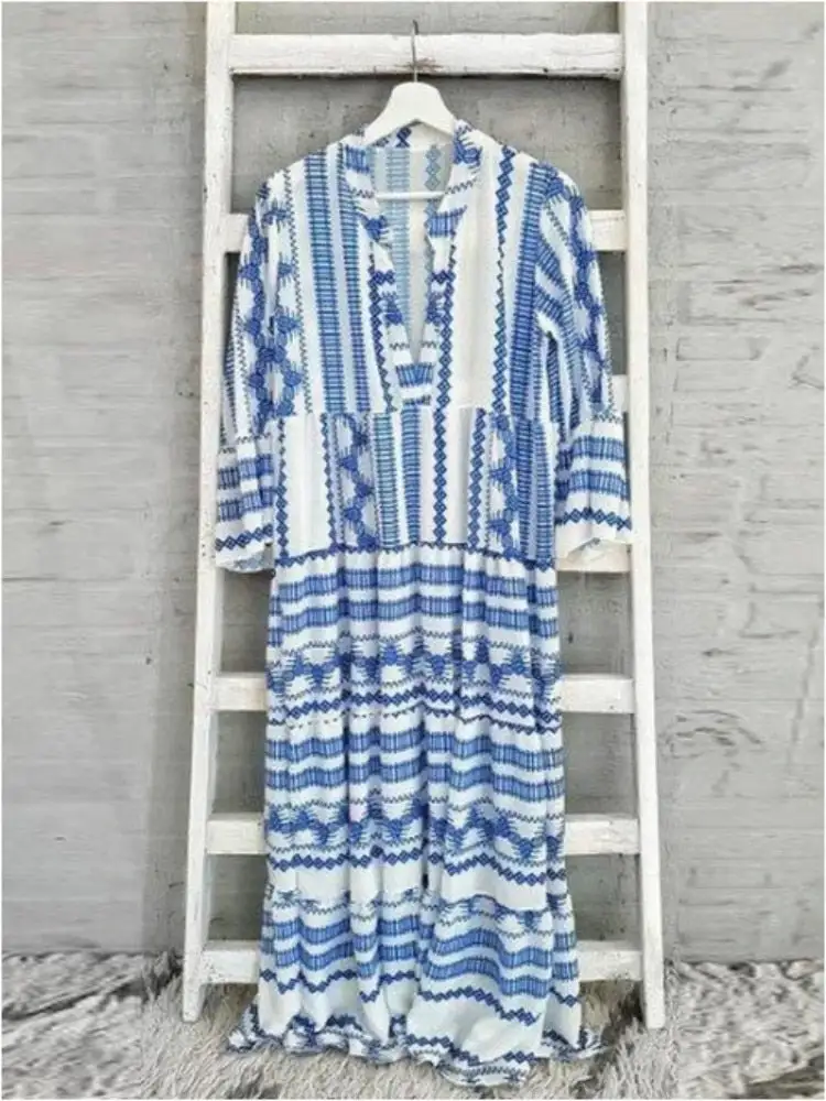 Blue White Bohemian Print Maxi Dress