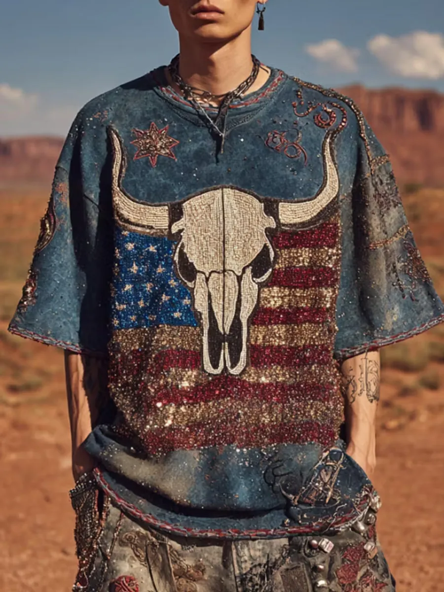 Men's Vintage Western Print Short Sleeve T-Shirt