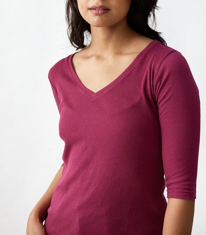Berry Pink Ribbed V-Neck Tee