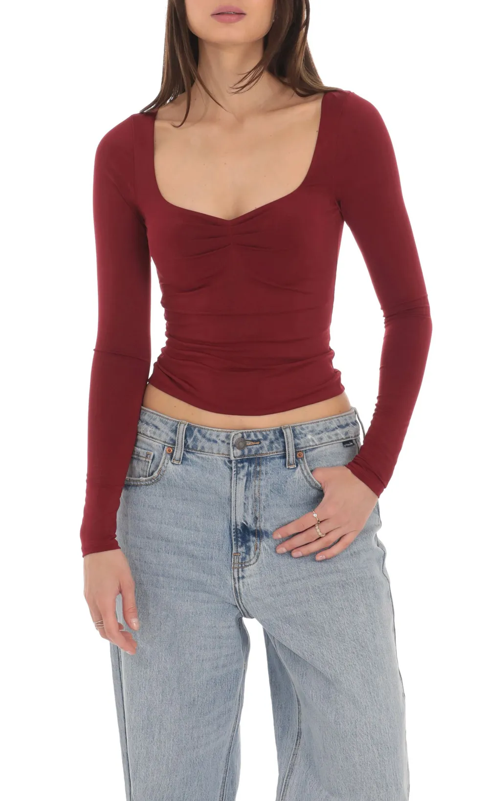 Fitted Long Sleeve Top In Maroon