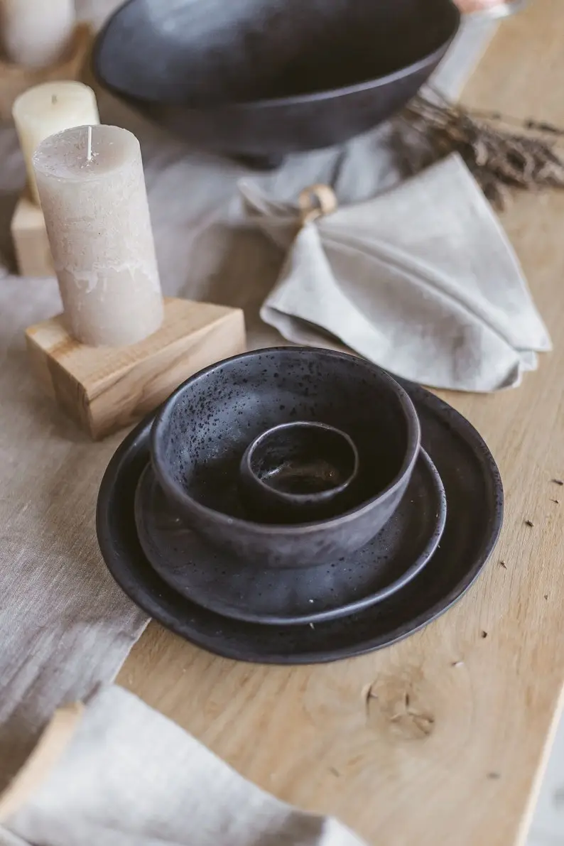 Christmas dinner holiday table setup, simple circle ceramic dish set, Christmas wife gift, handmade dinner and cake plates, soup bowl