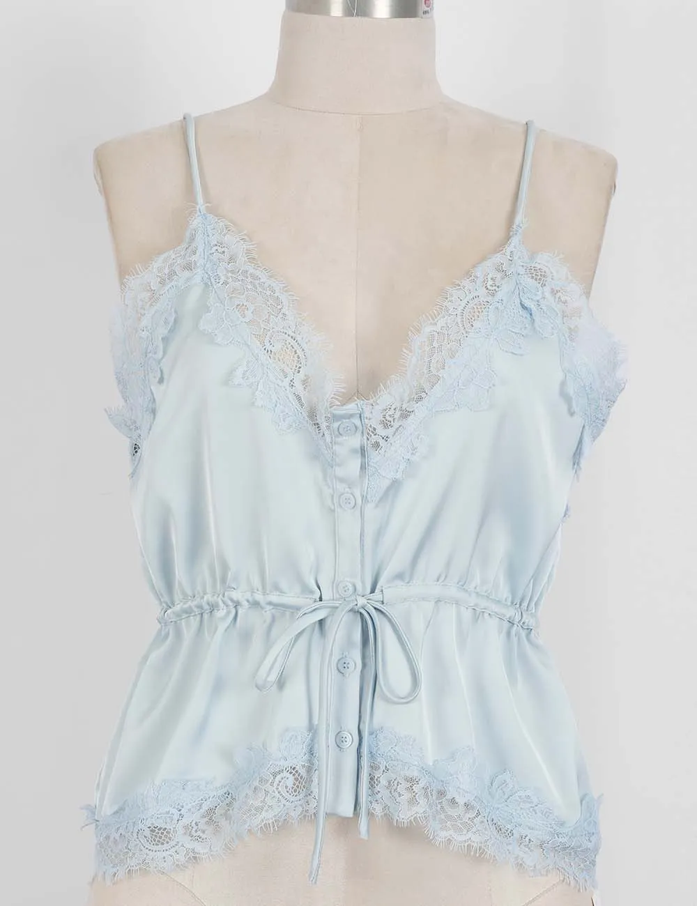 Romantic Stain Lace Trim V Neck Waist Drawstring Cami Top