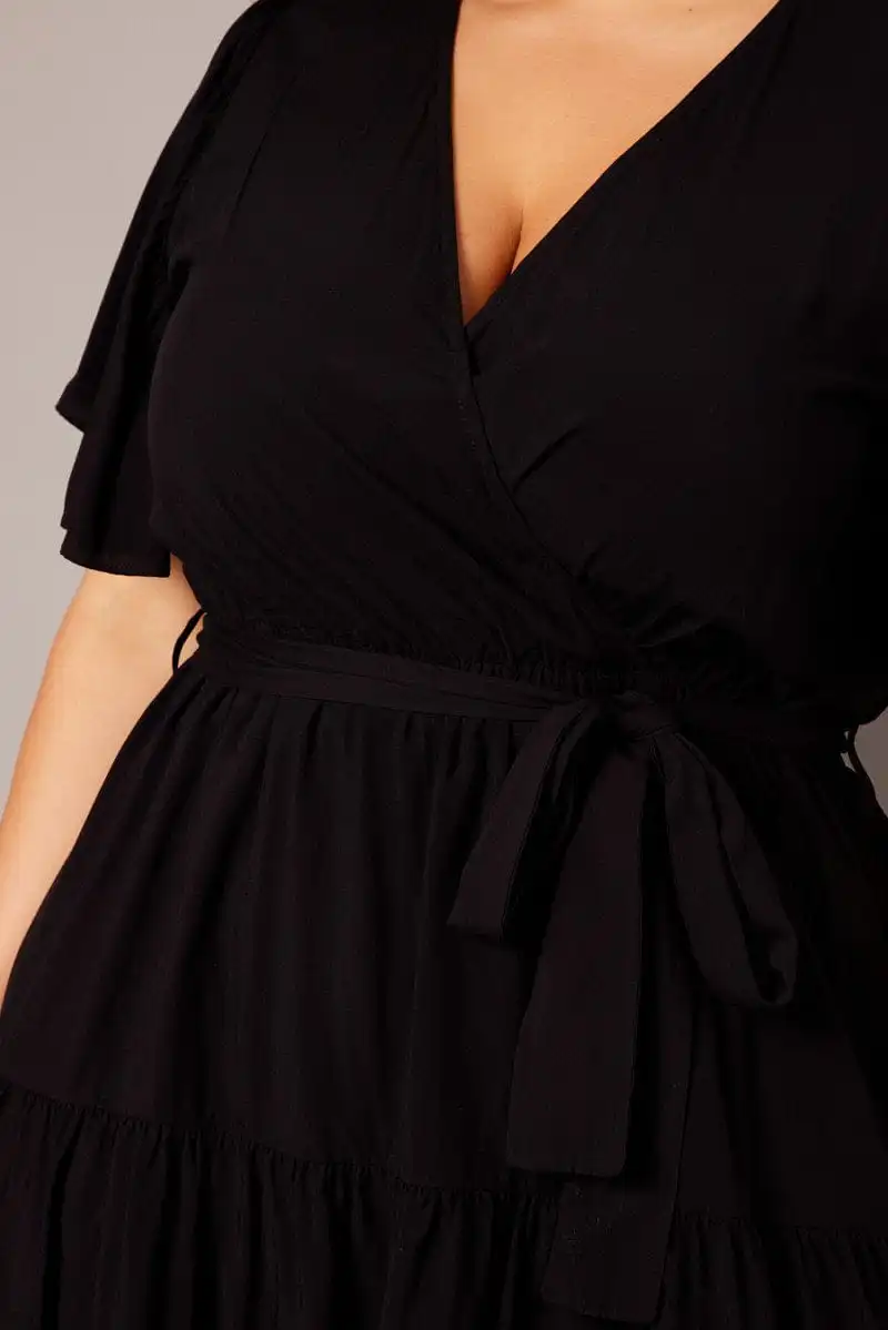 Black Wrapover Mini Dress Flare Sleeve Tie Waist