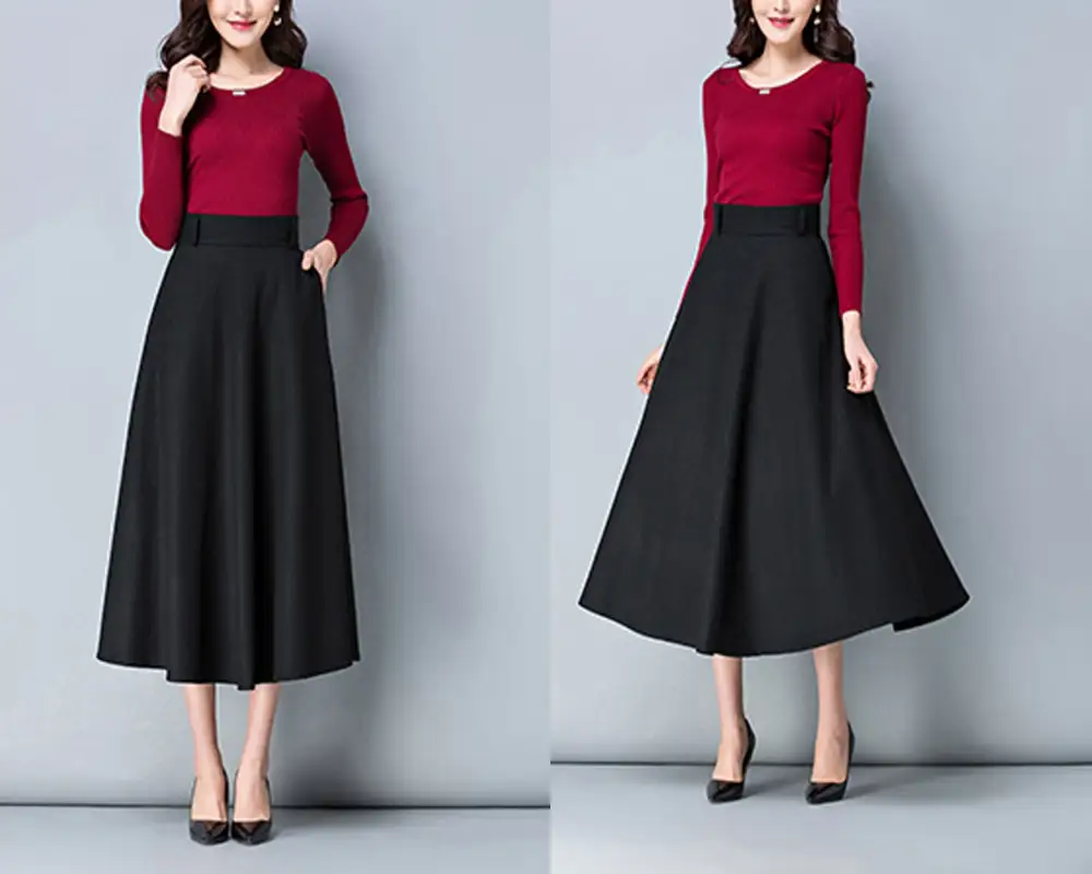 Relaxed Belted Wool Flared Maxi Skirt