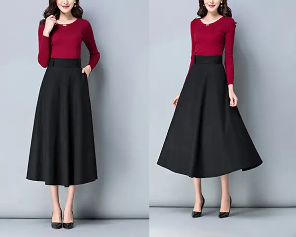 Airy Belted Wool Flared Maxi Skirt