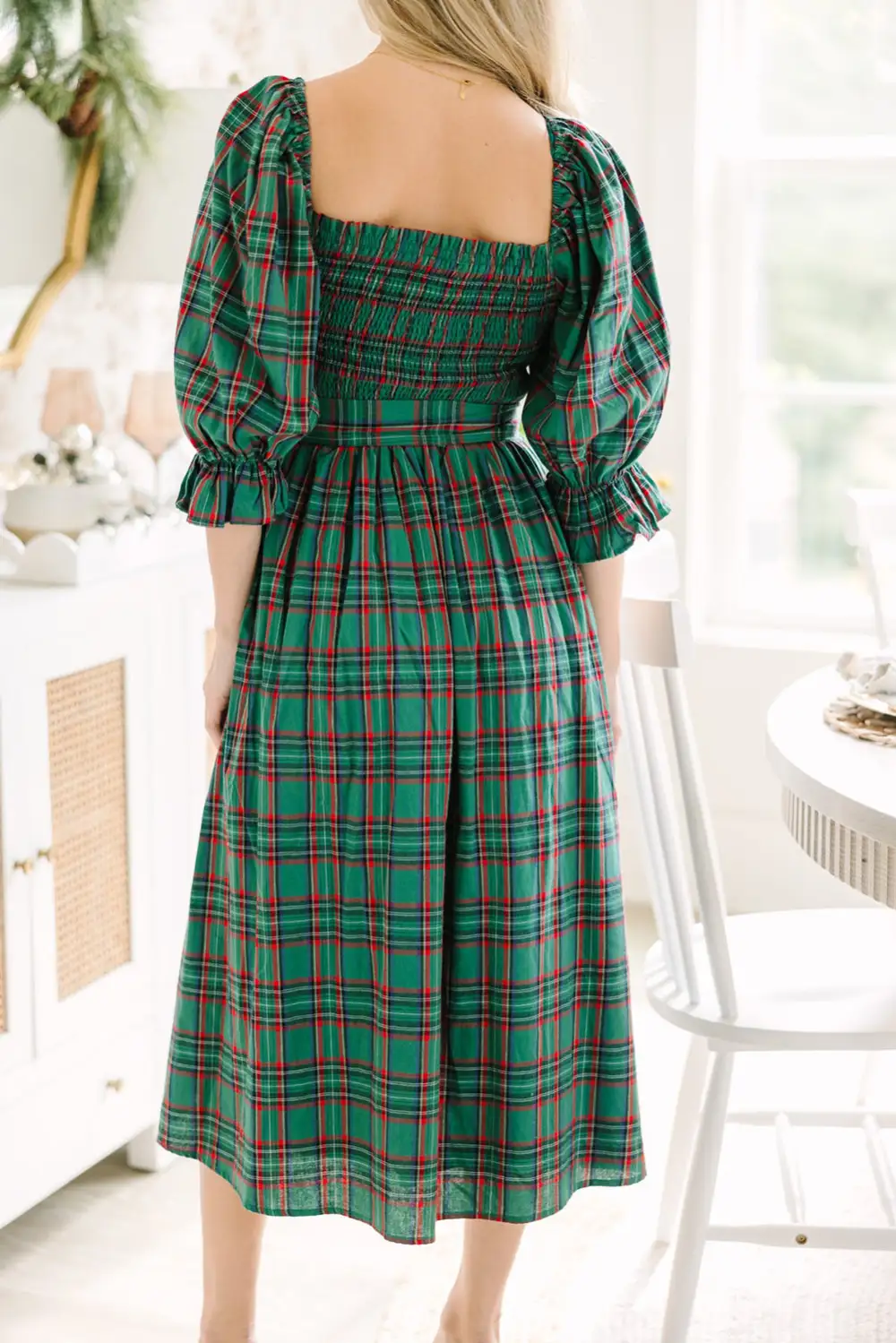 Plaid Puff Sleeve Square Neck Flared Knotted Midi Dress