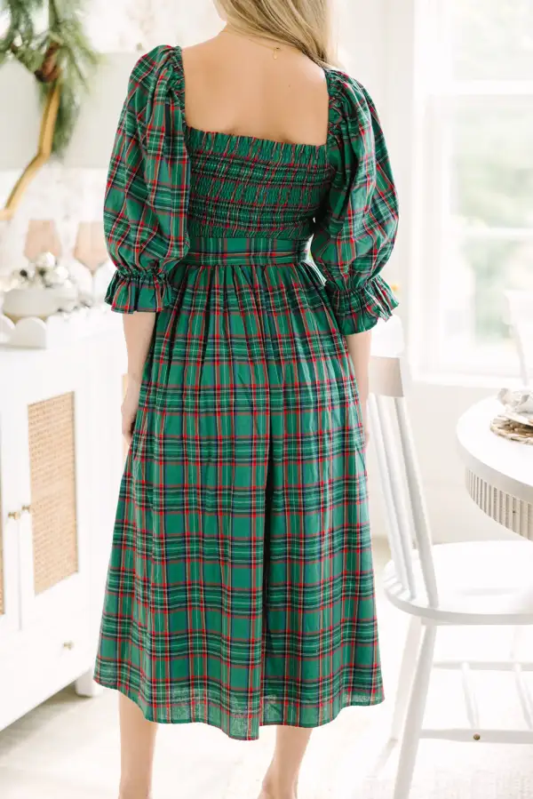 Plaid Puff Sleeve Square Neck Flared Knotted Midi Dress