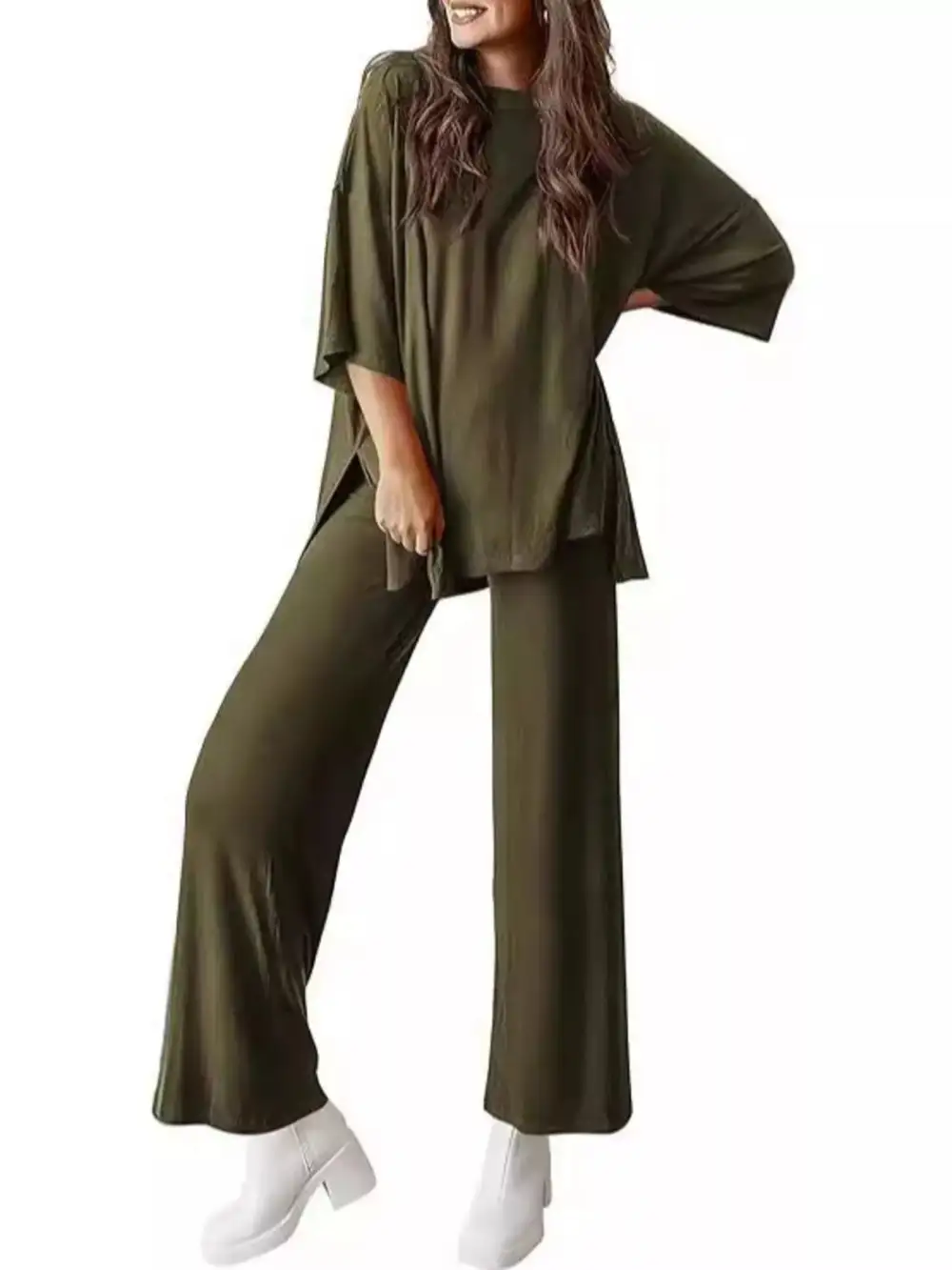 Relaxed Fit Round Neck Top and Pants Two Piece Set