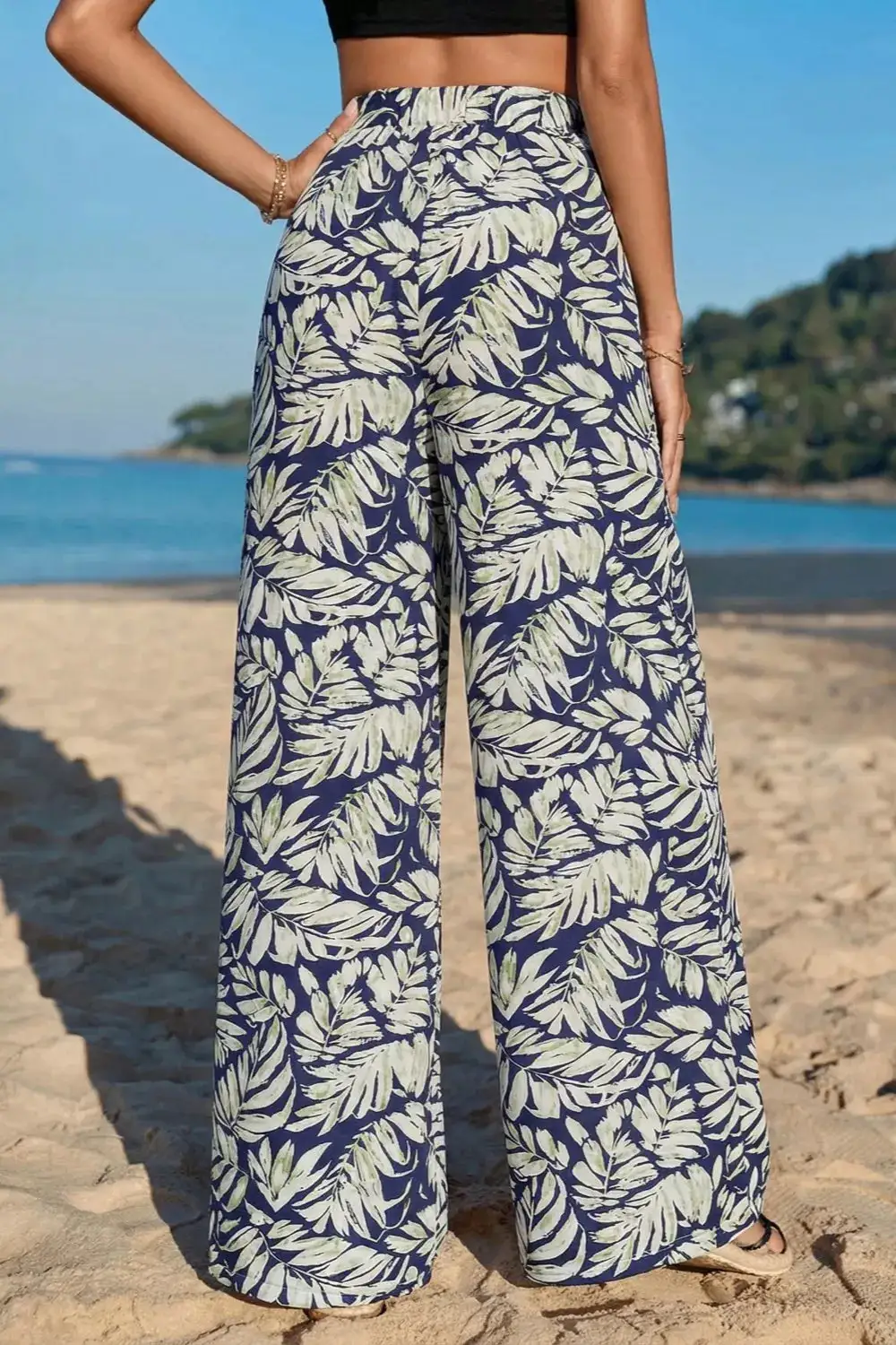 Leaf Print Wide Leg Pants