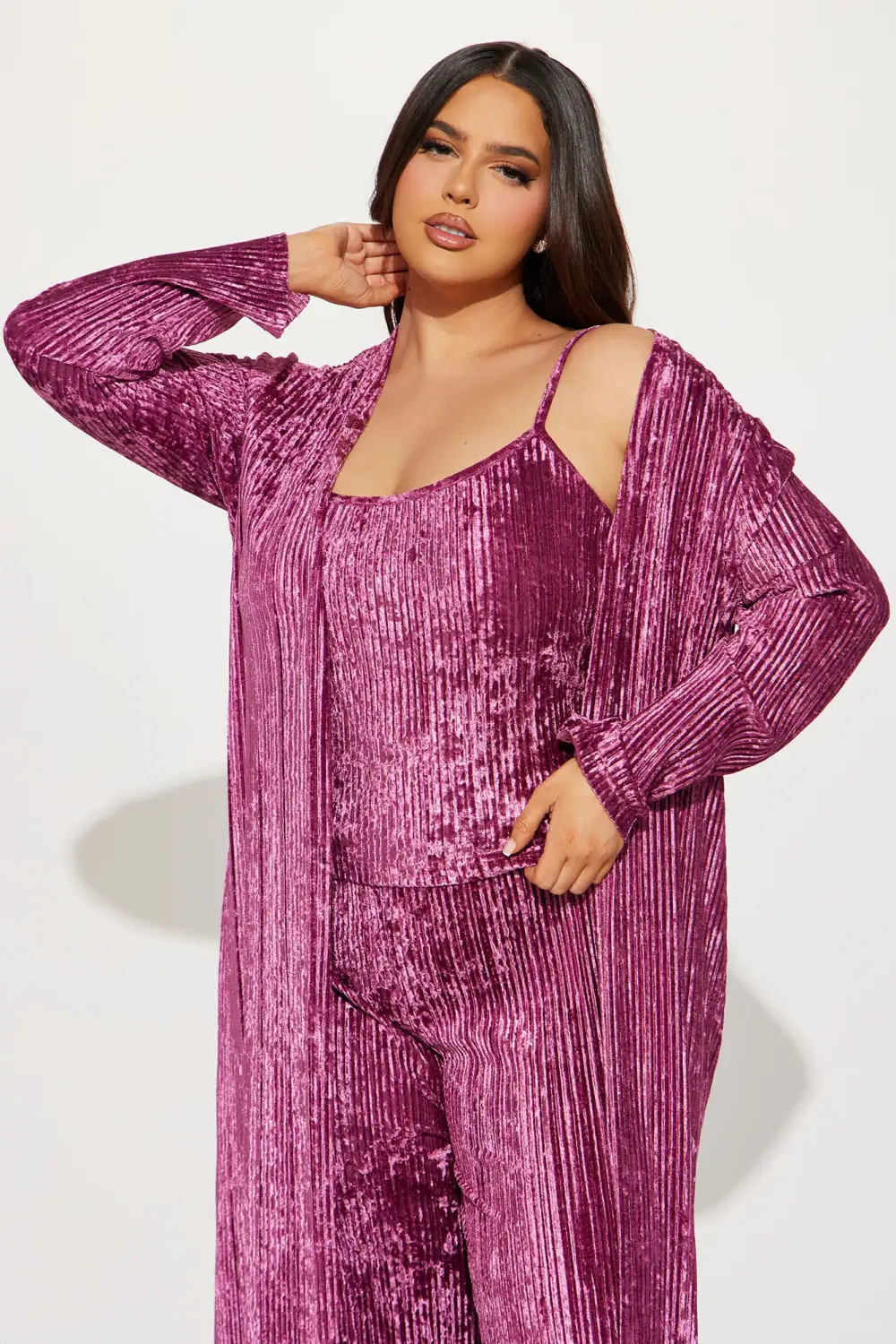 Carrie 3 Piece Velvet Plisse Pant Set - Plum