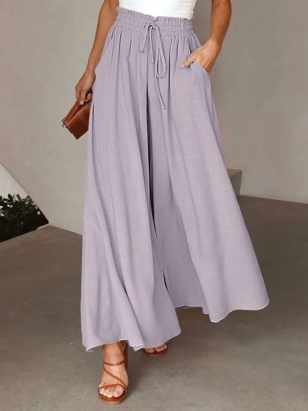 Plain Casual Wide Leg Shirred Waist Pant